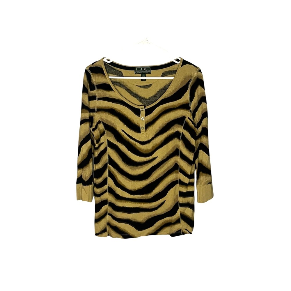 Lauren‎ Ralph Lauren Women's Stripe Waffle Knit 3/4 Sleeve Shirt Top L
